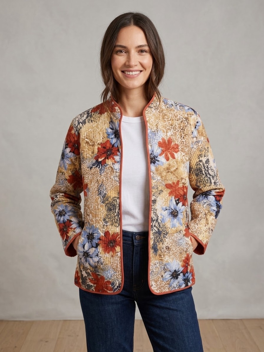 Alfred Dunner Rust, Blue & Cream Floral Quilted Bomber Jacket